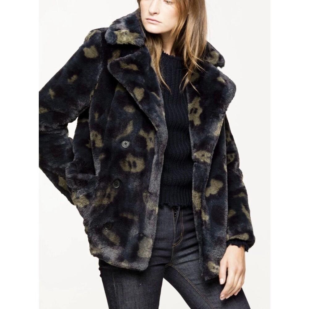 Zadig & Voltaire Blue and Olive Camouflage Faux-Fur Jacket Sz M